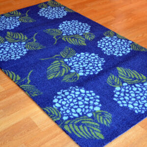 Blue Hydrangea Rug. Hand Hooked Wool Poly Blend