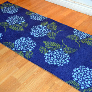 Blue Hydrangea Rug. Hand Hooked Wool Poly Blend