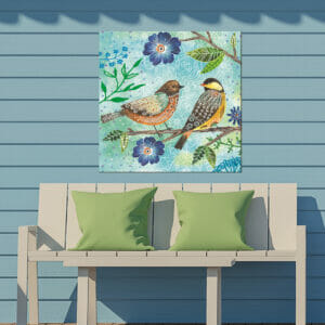 Floral FlightWhimsical Birds Pastel  Pasiley Blue background – Premium Treated Outdoor, Indoor Canvas Art – 24×24