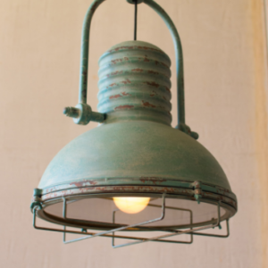 Antique Turquoise Pendant Light With Glass And Wire Cage 13″D X 19″T.