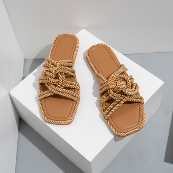 Rope Cross Strap Flat Sandals - Apricot, 9, 1