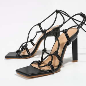 Lace Up Square Toe Thin High Heel Sandals – Black, 5.5, 1