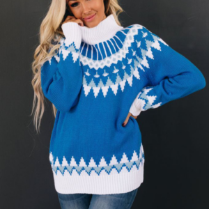 Laureen High Neck Knit Sweater – Blue, Large, 1