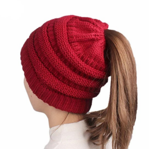 Pony Beanie Super Cute Cable Knit Hat – D-Bright Red, 1