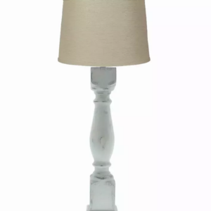 Distressed White Table Lamp with Linen Fabric Shade – 31″ H