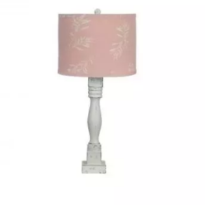 Distressed White Table Lamp with Olive Branch Pink Shade – 29″ H