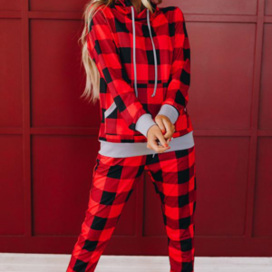 Happy Holiday Plaid Hooded PJ Set – Red, Large, 1